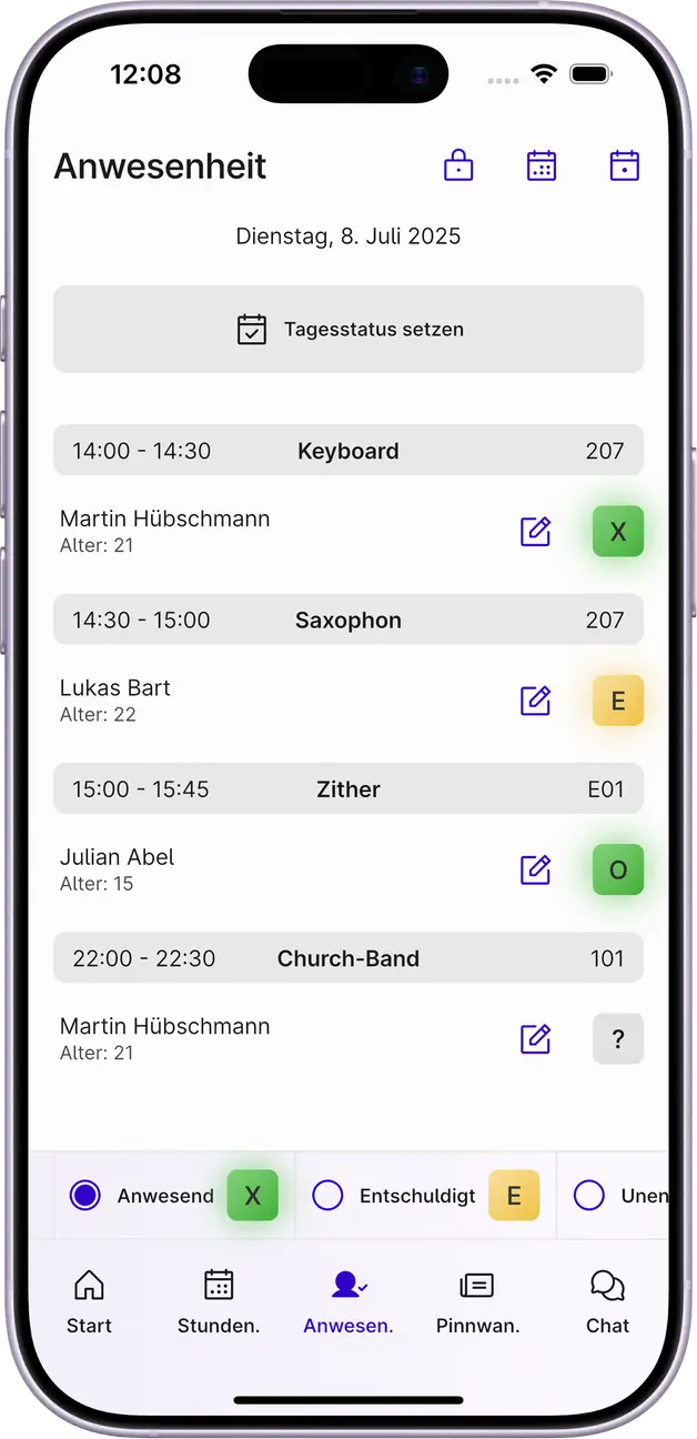 Screenshot der Anwesenheitsliste in der Appella App.