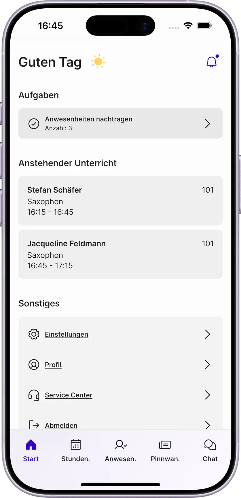 Ein Screenshot des Dashboards der Appella App in einem Smartphone.