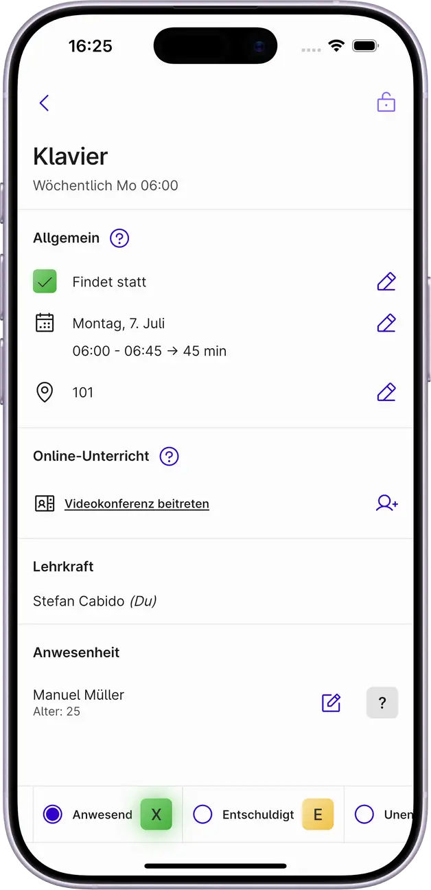 Screenshot einer Unterrichtsinformation in der Appella App.