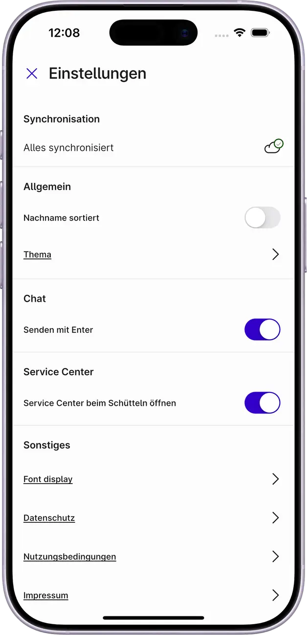 Screenshot der Einstellungen in der Appella App.