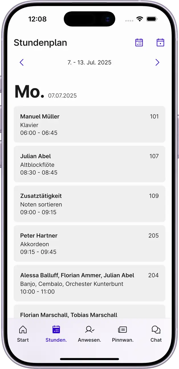 Screenshot des Stundenplans in der Appella App.